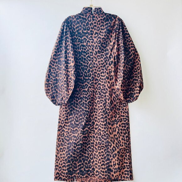 Ganni Sustain Leopard puff sleeves midi dress, Brown Leopard, Size 34 - Picture 4 of 13